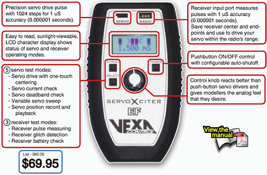 Servo Xciter EF -- Drives servos, reads receiver pulses, measures servo current, plus a lot more.